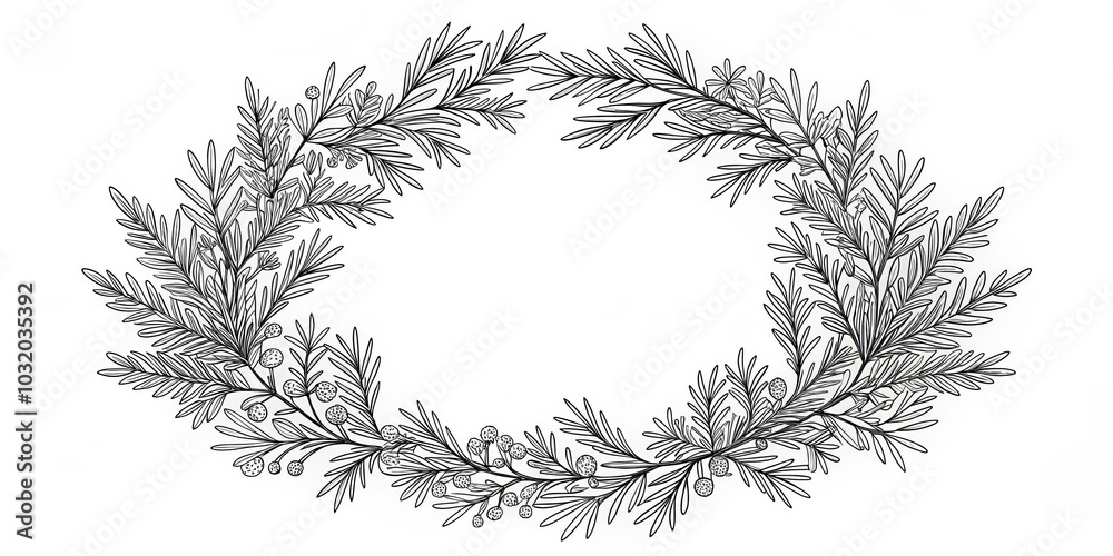 Naklejka premium Black and White Hand Drawn Floral Wreath with Leaves and Berries, botanical illustration, floral design, wreath