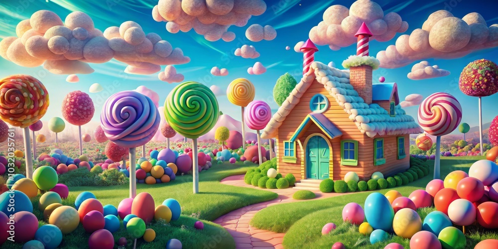 Candy Land House with Lollipop Trees and Easter Eggs, Candy Land, Easter Candy Land House with Lollipop Trees and Easter Eggs, Candy Land, Easter