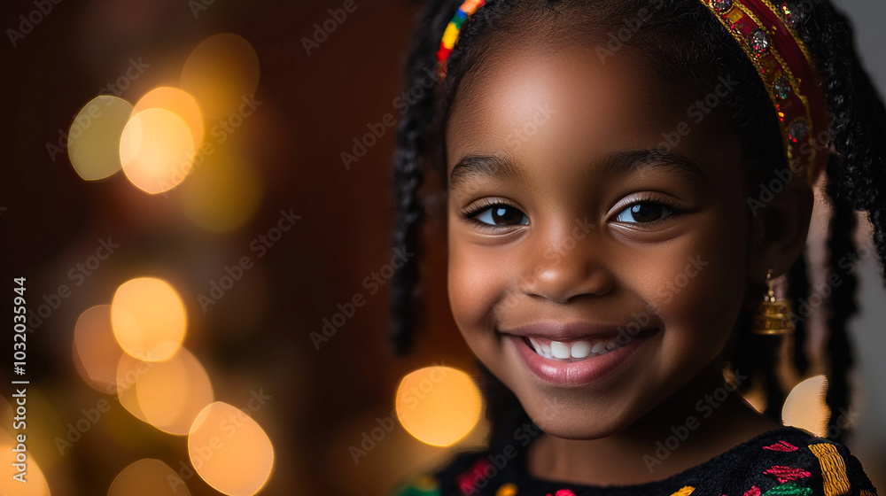 A joyful child celebrating Kwanzaa with colorful attire and festive decorations in the background A joyful child celebrating Kwanzaa with colorful attire and festive decorations in the background