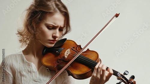 A young woman plays the violin while looking down at the strings.