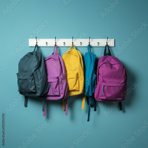 Backpacks hanging on hooks,...