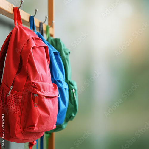 Row of colorful backpacks h...