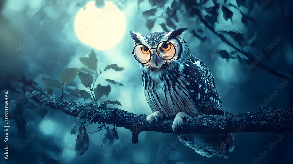 Wise Old Owl Perched on Tree Branch Wearing Vintage Spectacles in Moonlit Forest Wise Old Owl Perched on Tree Branch Wearing Vintage Spectacles in Moonlit Forest