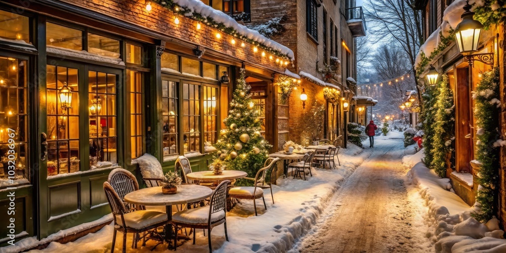 Cozy Winter Street Scene with Snowy Cobblestone and String Lights, Christmas , Festive Cozy Winter Street Scene with Snowy Cobblestone and String Lights, Christmas , Festive