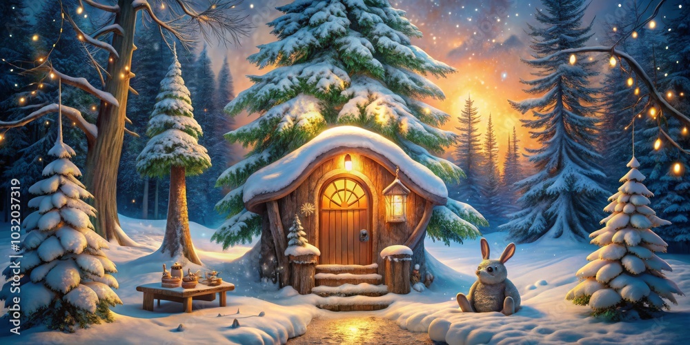 Obraz premium Enchanted Forest Cabin, Fantasy, Winter Wonderland , cabin, winter