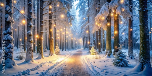 Enchanted Winter Forest Path with Fairy Lights, Winter Wonderland, Christmas Lights