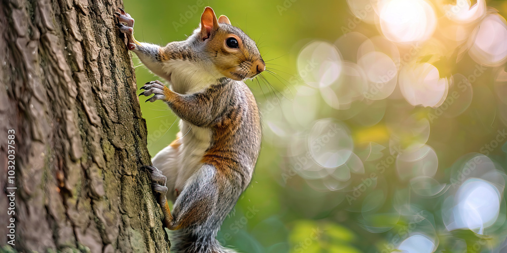 A gray squirrel scurrying up a tree trunk, capturing the playfulness and agility of small woodland creatures.