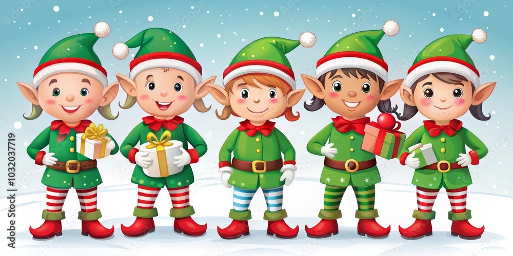 Five Smiling Christmas Elves Holding Gifts in Snowy Landscape, Digital Illustration, Christmas, Holiday , Elf, Gift, Festive Five Smiling Christmas Elves Holding Gifts in Snowy Landscape, Digital Illustration, Christmas, Holiday , Elf, Gift, Festive