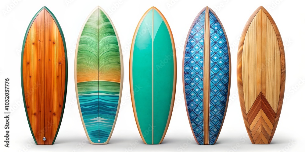Five Unique Wooden Surfboards, White Background, Summer, Beach ,Surfboard, Summer Vacation Five Unique Wooden Surfboards, White Background, Summer, Beach ,Surfboard, Summer Vacation