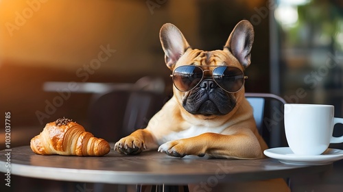 Stylish French Bulldog Relaxing in a Cozy Parisian Cafe with Croissant and Sunglasses photo