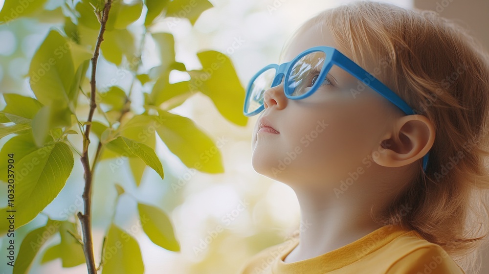 Young child wearing blue glasses focusing on distant tree outside window, symbolizing myopia prevention and importance of outdoor activities. Young child wearing blue glasses focusing on distant tree outside window, symbolizing myopia prevention and importance of outdoor activities.