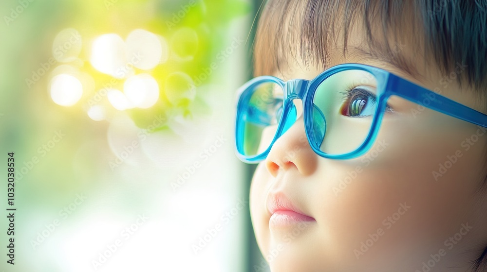 Young child wearing blue glasses focusing on distant tree outside window, symbolizing myopia prevention and importance of outdoor activities.