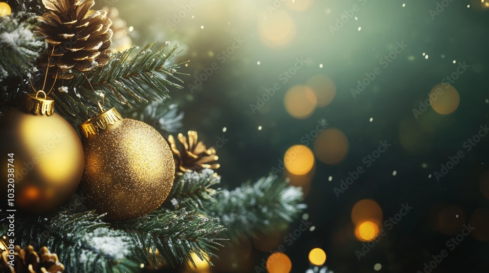 Festive New Year Banner with Red and Gold Ornaments and Pine Branches Festive New Year Banner with Red and Gold Ornaments and Pine Branches
