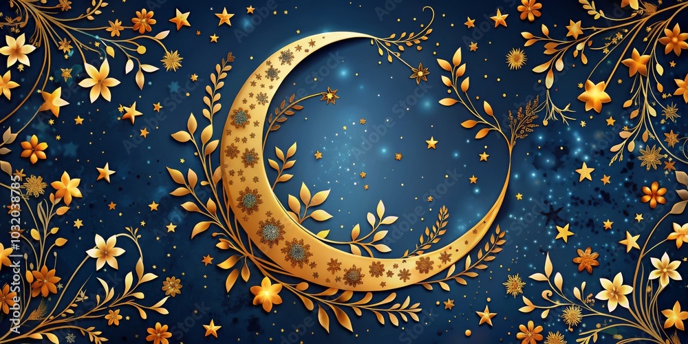 Obraz premium Golden Crescent Moon with Floral Vines and Stars on Navy Background, night sky, crescent moon