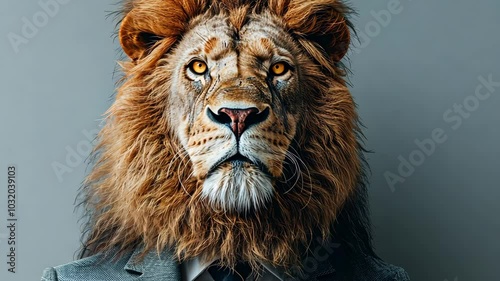 Lion in business suit on neutral background, anthropomorphic concept.