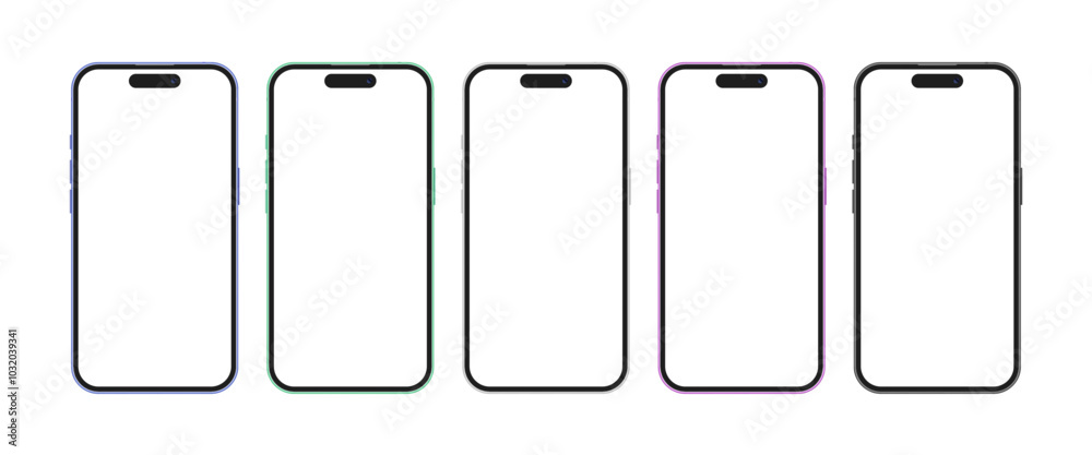 Apple iPhone 16 Pro Max colorful mobile phone device set vector illustration. Smartphone mockup template with empty display for user interface design