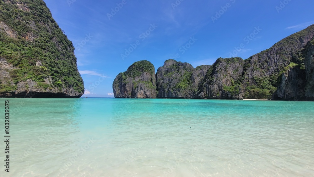 Fantastic view of water and rocks at Maya Bay, Thailand. Fantastic view of water and rocks at Maya Bay, Thailand.