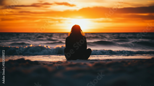 Woman sitting in beach front facing sunset in Silhouette on the Shore style