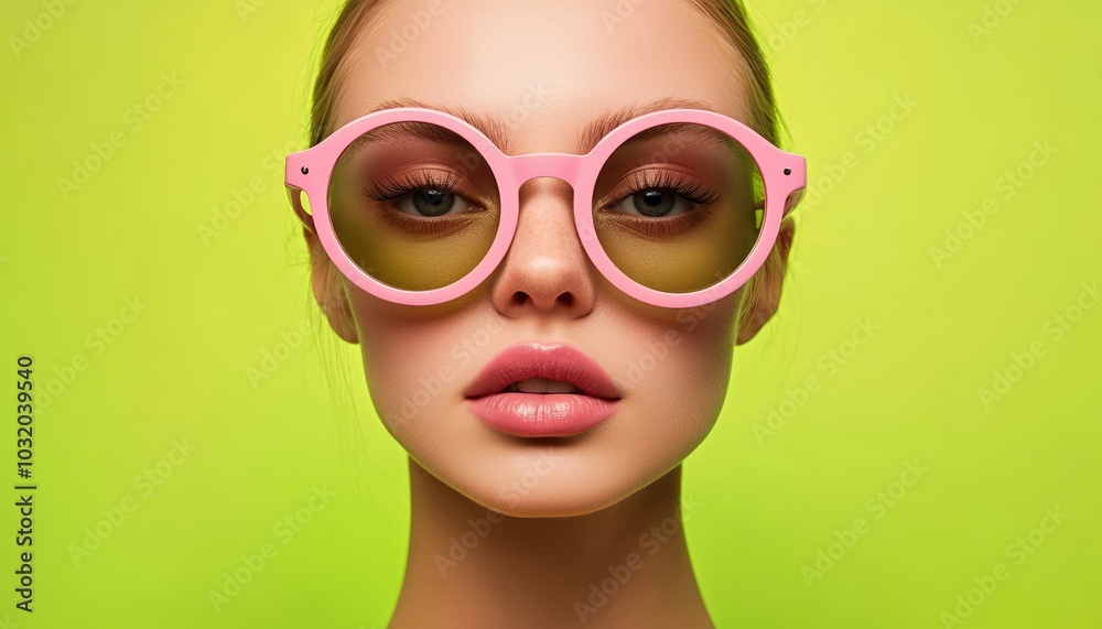 Individual with Unique Sunglasses Light Green Background in Modern Portrait Individual with Unique Sunglasses Light Green Background in Modern Portrait