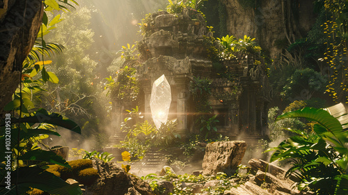 Crystal glowing softly in ancient jungle temple, with vines and sunlight casting mystical shadows. photo