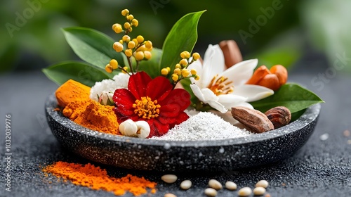 Colorful and intricate rangoli design made with vibrant flowers and colored powders laid out on the floor for a traditional Indian cultural or religious photo