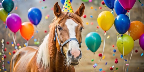 Horse in a Party Hat with Balloons, horse birthday, birthday party