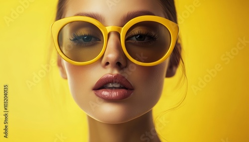 Stylish Woman in Yellow Sunglasses Posing with Confident Look Against Yellow Background