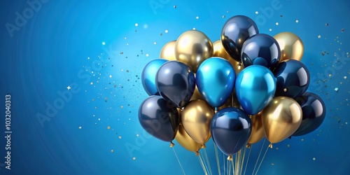 Wallpaper Mural Metallic Blue, Gold, and Black Balloons with Confetti on a Blue Background, balloons, party Torontodigital.ca