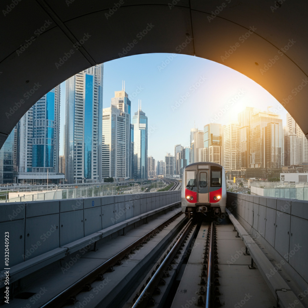 Naklejka premium A train exiting a tunnel with a backdrop of a modern cityscape under a clear sky