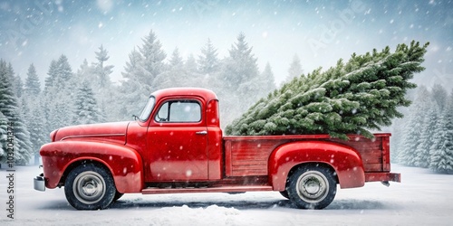 Red Truck Carrying Christmas Tree Through Snowy Forest, winter ,christmas