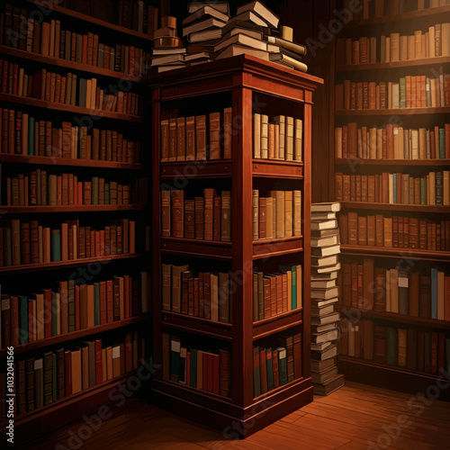 A library corner with towering wooden bookshelves filled with many books in a warm, softly lit setting