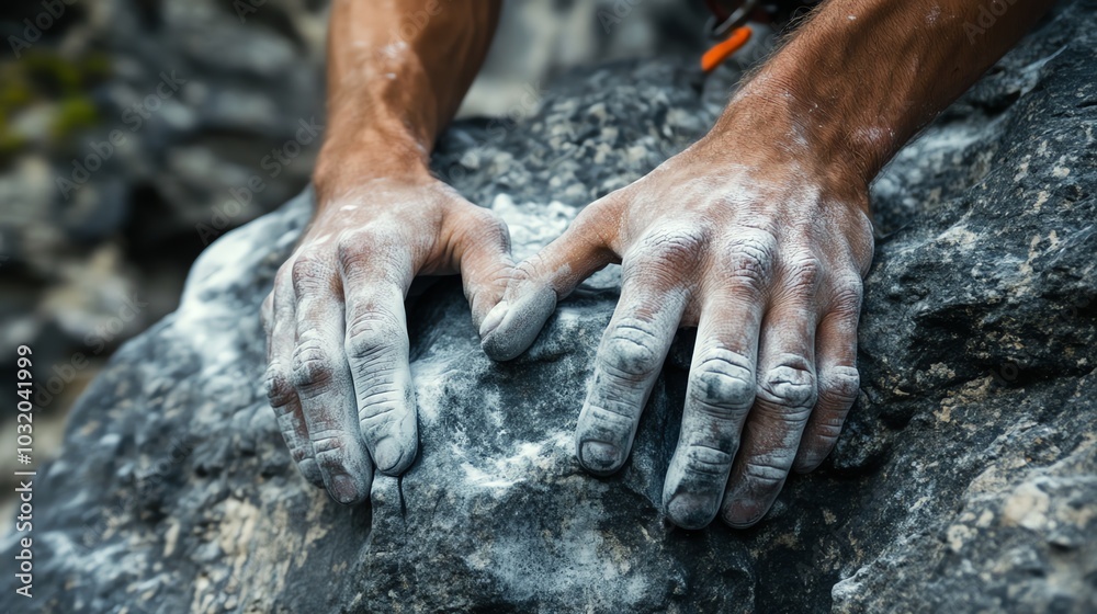 Close up of chalked hands gripping a rock face. Close up of chalked hands gripping a rock face.