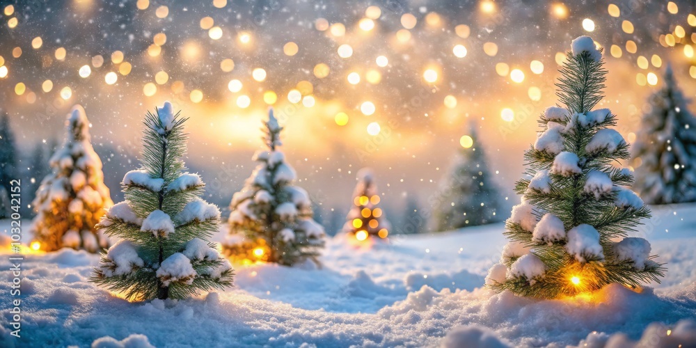 Snow-Covered Pine Trees with Golden Bokeh Lights, Winter Wonderland, Christmas ,winter, nature Snow-Covered Pine Trees with Golden Bokeh Lights, Winter Wonderland, Christmas ,winter, nature