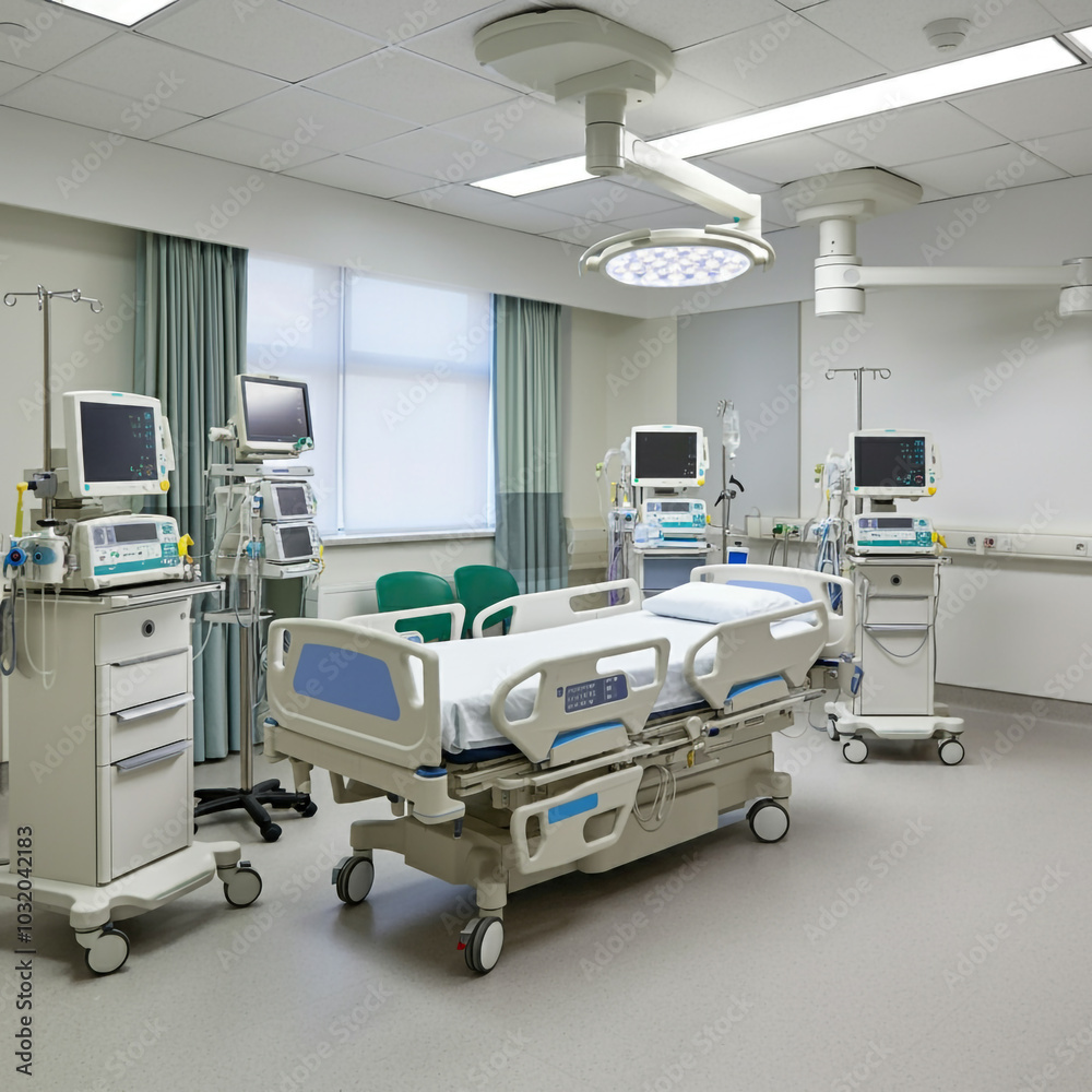 A hospital room with advanced medical equipment, including monitors and life-support devices, indicating a surgical or intensive care setting
