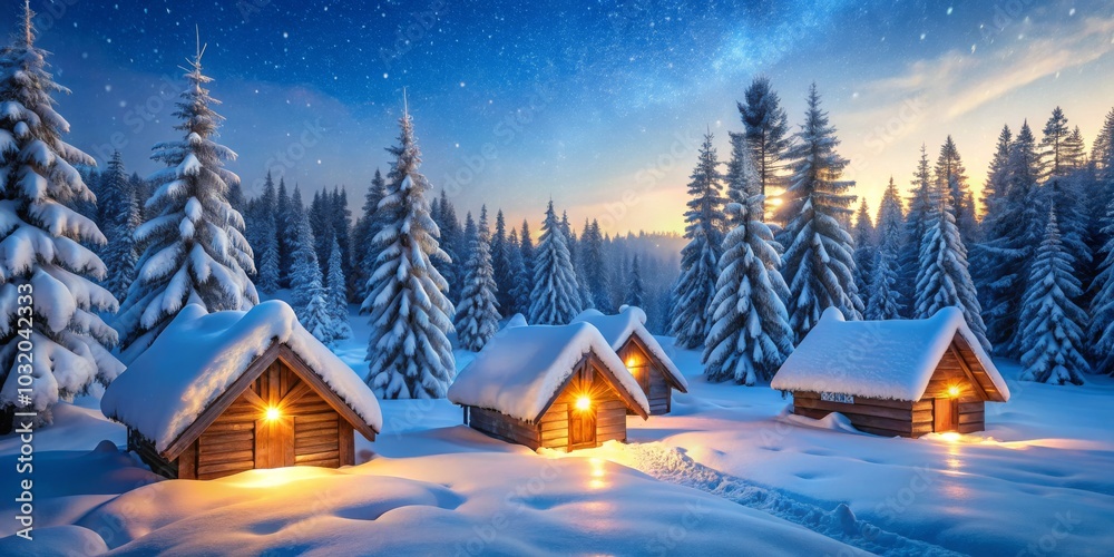 Snowy Forest Cabins with Starry Night Sky, Winter Wonderland , Christmas Cabin Snowy Forest Cabins with Starry Night Sky, Winter Wonderland , Christmas Cabin