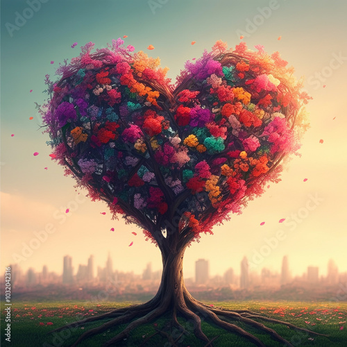 A vibrant, multicolored tre...