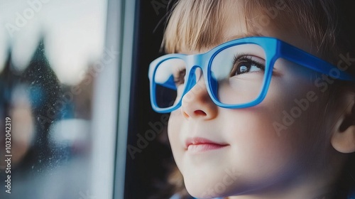 Young child wearing blue glasses focusing on distant tree outside window, symbolizing myopia prevention and importance of outdoor activities.