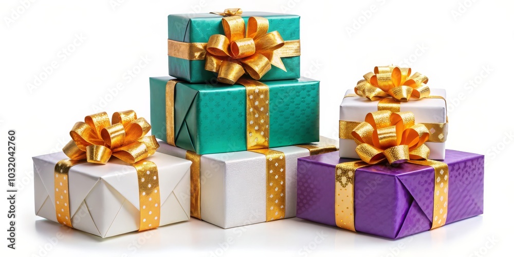 Obraz premium Stack of Gift Boxes with Golden Bows, White Background, Gift Wrapping, Gift Ideas, gift box, wrapping