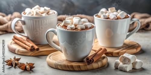 Three Cups of Hot Chocolate with Marshmallows, Cinnamon Sticks, and Star Anise, Cozy, Winter ,hot chocolate, winter drink