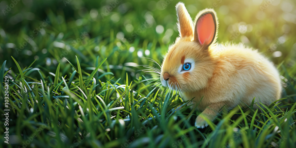 A fluffy bunny hopping through a grassy field, its blue eyes twinkling. A fluffy bunny hopping through a grassy field, its blue eyes twinkling.