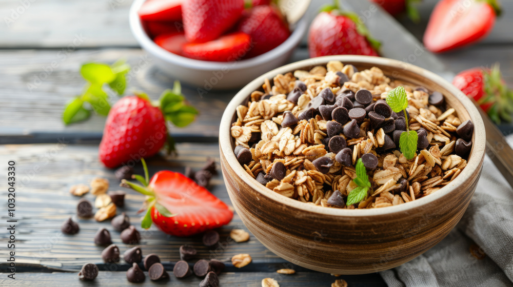 Delicious granola with chocolate chips served alongside fresh strawberries on a rustic wooden table