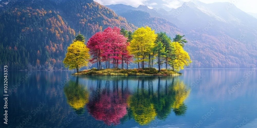 Naklejka premium A serene landscape featuring vibrant trees on a small island in clear water. The colorful foliage contrasts beautifully with the mountains. Perfect for nature lovers and tranquil settings. AI