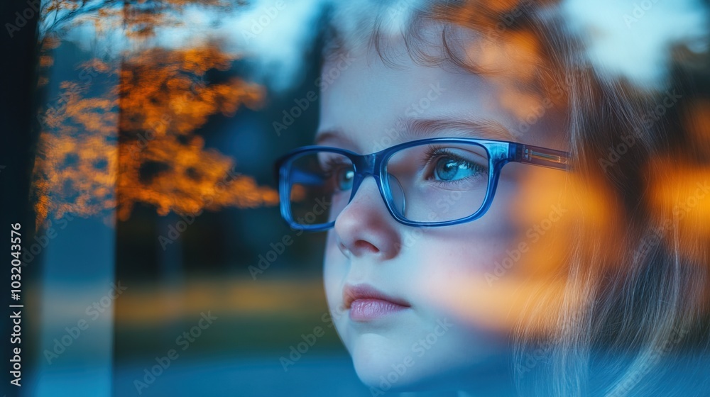 Young child wearing blue glasses focusing on distant tree outside window, symbolizing myopia prevention and importance of outdoor activities.