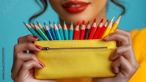 Bright colored pencil case alongside a row of sharpened pencils on a pastel colored surface Stock Photo with side copy space