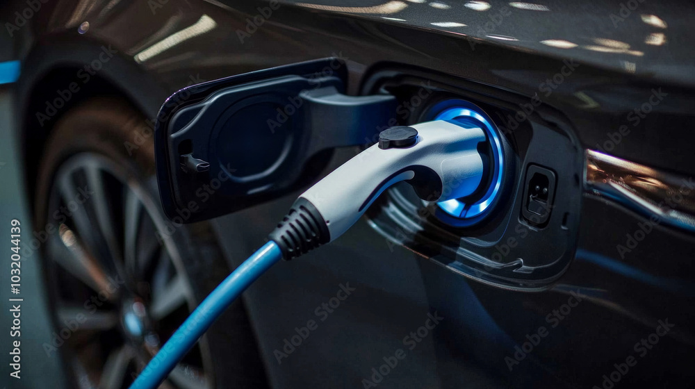 A charging plug connects to an electric vehicle at a modern charging station during the daytime