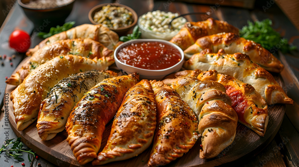 A platter of assorted calzone with various fillings A platter of assorted calzone with various fillings