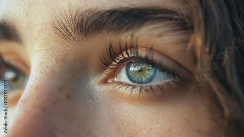 Close-up of a woman's eyes showcasing long lashes and striking blue color, highlighting natural beauty in soft natural light