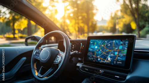 Explore the advanced touchscreen interface of an electric car during a sunny afternoon in a serene outdoor setting