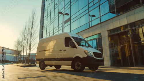 Fototapeta Naklejka Na Ścianę i Meble -  A delivery van parked at a commercial building with glass façade during golden hour