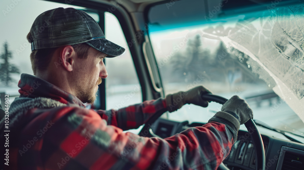 A truck driver cleans the windshield while driving on a snowy road in winter, ensuring clear visibility for safe travels A truck driver cleans the windshield while driving on a snowy road in winter, ensuring clear visibility for safe travels
